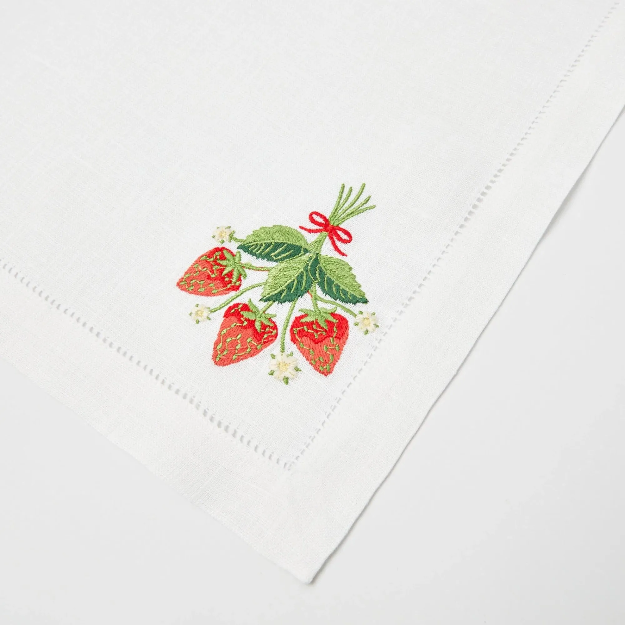 Strawberry White Linen Embroidered Napkins (Set Of 4)|Mrs. Alice New
