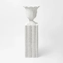White Liliana Scalloped Rattan Pedestal And Urn|Mrs. Alice Clearance