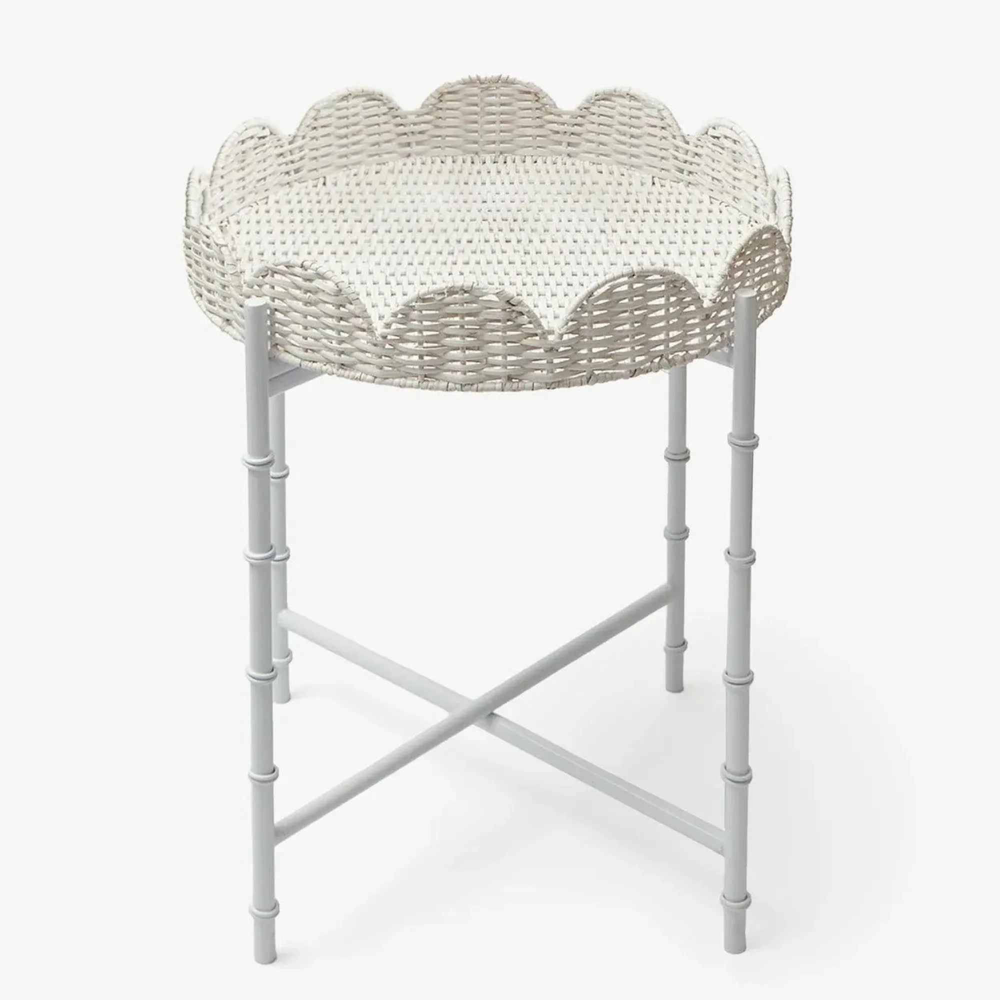 White Rattan Round Scalloped Tray With Stand|Mrs. Alice Hot