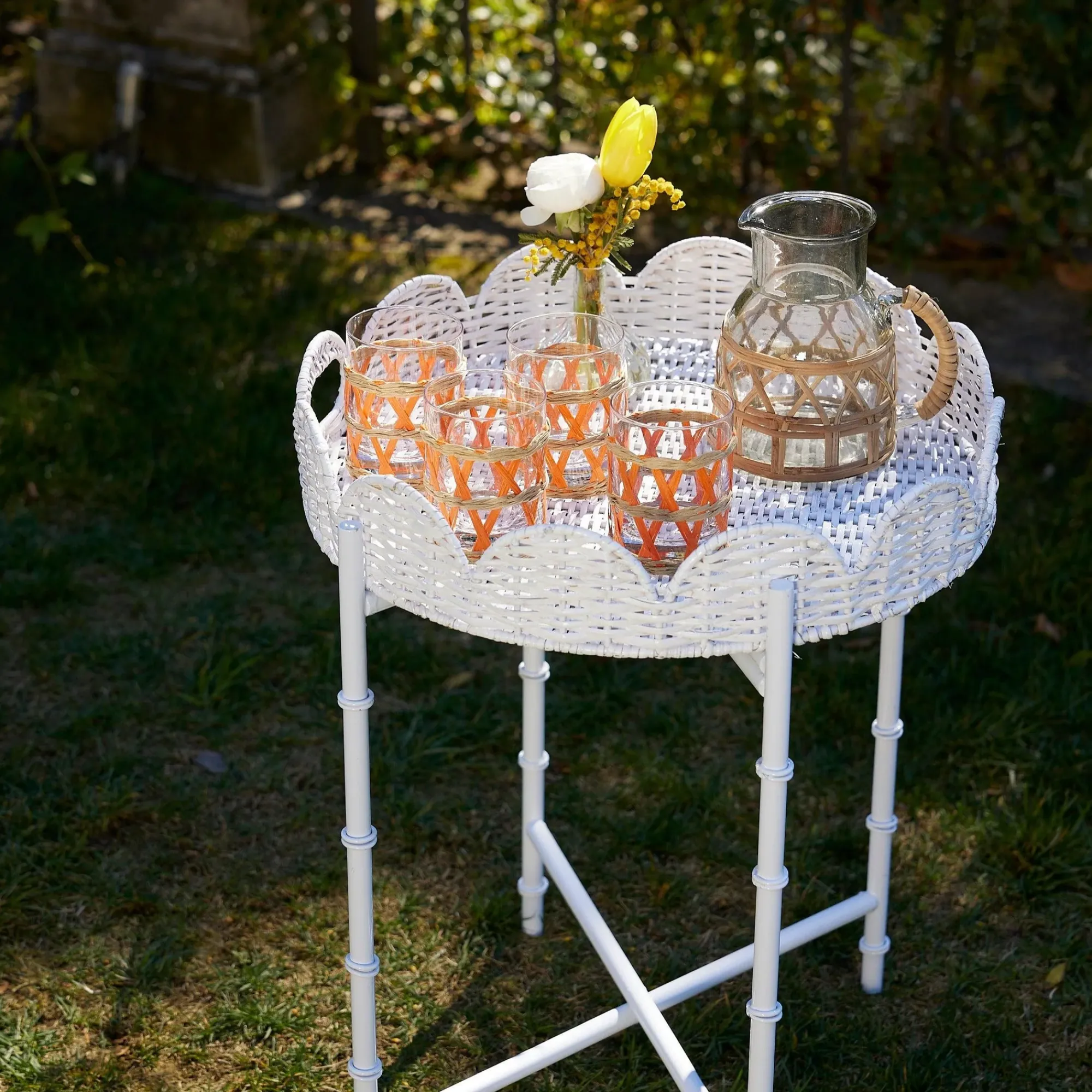 White Rattan Round Scalloped Tray With Stand|Mrs. Alice Hot