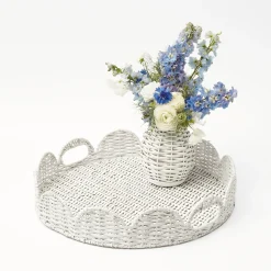 White Round Scalloped Rattan Tray|Mrs. Alice Discount